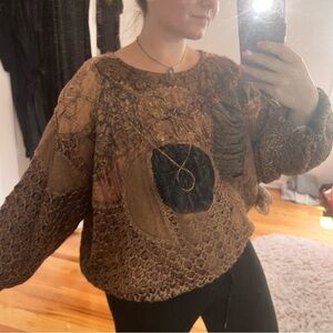 Vintage Jackart Italy Bronze Metallic Floral Patchwork Design Pullover Sweater